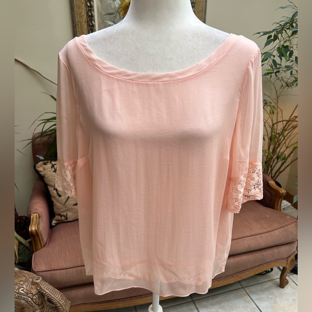 Tracy Reese Size Large Powderpink Silk & Lace Tie Back Blouse